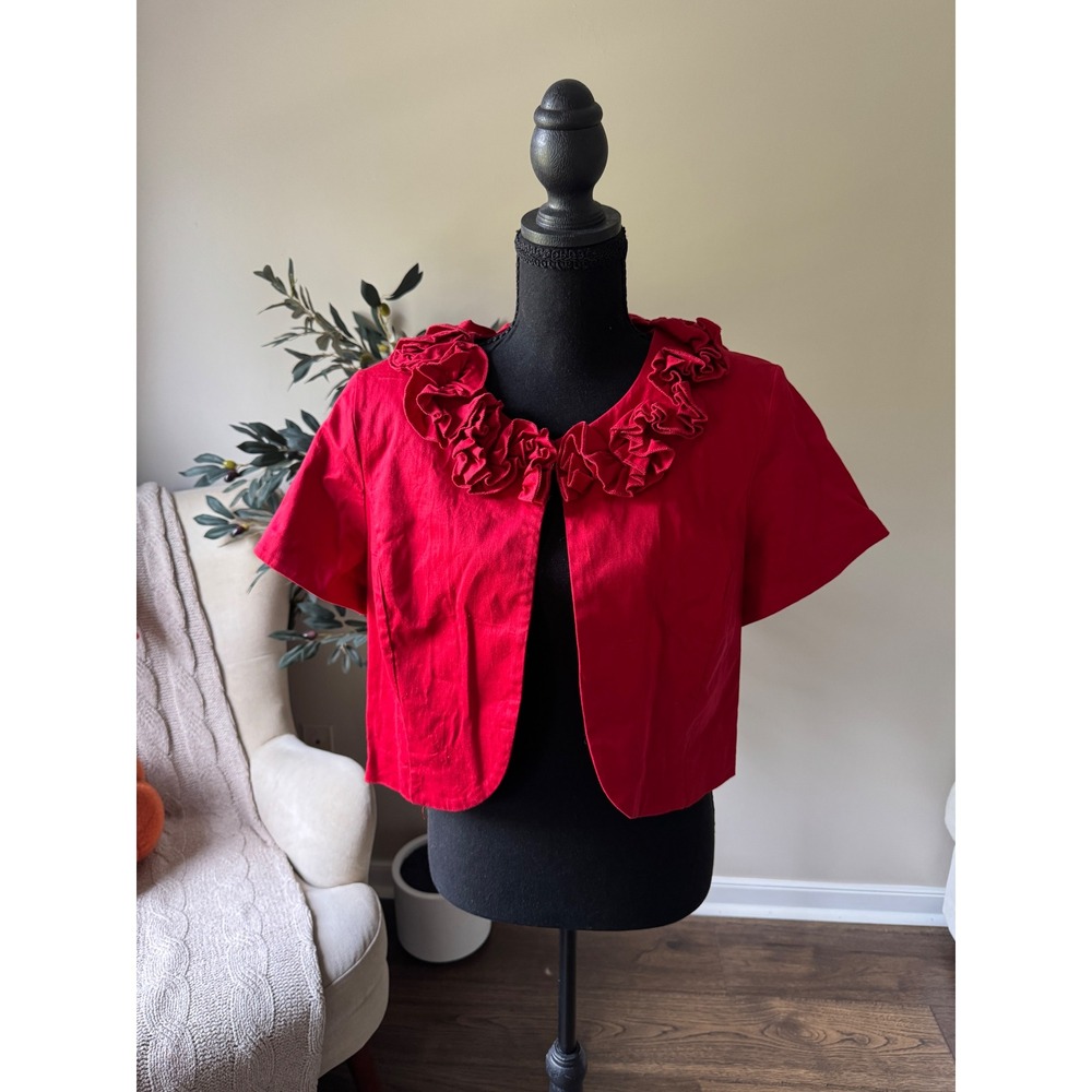 Danny & Nicole Red Ruffle Collar Short Sleeve Bolero Cropped Jacket Womens 16